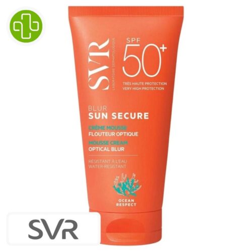 Produit de la marque SVR Sun Secure Blur Crème-Mousse Spf50 – 50ml sur un fond blanc avec un logo Parachezvous et celui de de la marque SVR