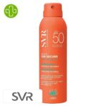 Produit de la marque SVR Sun Secure Brume Fraîche Invisible Biodégradable Spf50 – 200ml sur un fond blanc avec un logo Parachezvous et celui de de la marque SVR