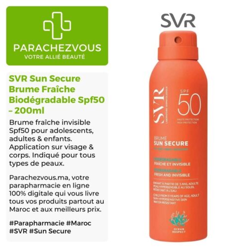 Produit de la marque SVR Sun Secure Brume Fraîche Invisible Biodégradable Spf50 – 200ml sur un fond blanc, vert et gris avec un logo Parachezvous et celui de la marque SVR ainsi qu'une description qui détail les informations du produit