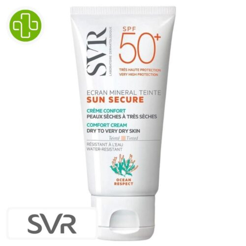 Produit de la marque SVR Sun Secure Écran Solaire Minéral Teinté Peaux Sèches à Très Sèches - 60g sur un fond blanc avec un logo Parachezvous et celui de de la marque SVR