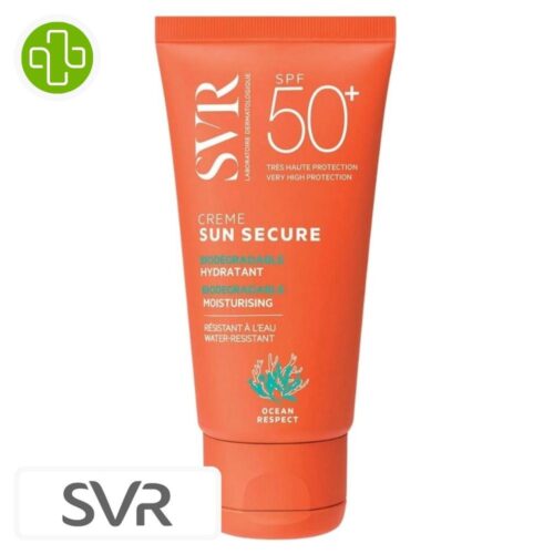 Produit de la marque SVR Sun Secure Crème Solaire Hydratante Biodégradable Spf50 – 50ml sur un fond blanc avec un logo Parachezvous et celui de de la marque SVR