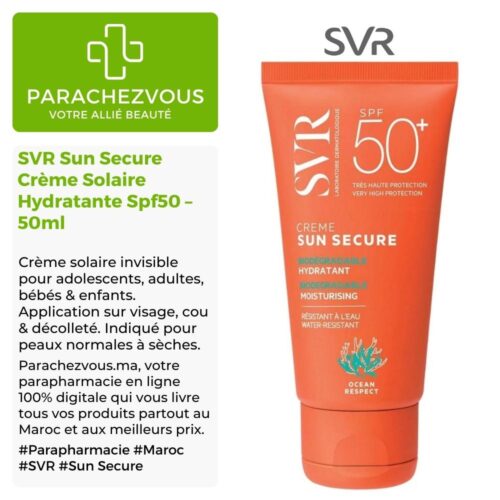 Produit de la marque SVR Sun Secure Crème Solaire Hydratante Biodégradable Spf50 – 50ml sur un fond blanc, vert et gris avec un logo Parachezvous et celui de la marque SVR ainsi qu'une description qui détail les informations du produit