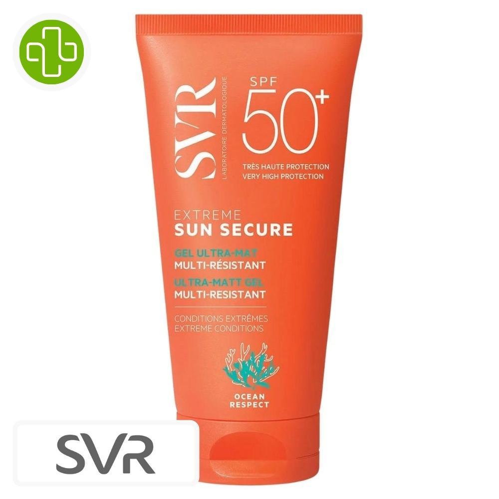 Produit de la marque svr sun secure extrême gel ultra matifiant multi-résistant spf50 – 50ml sur un fond blanc avec un logo parachezvous et celui de de la marque svr