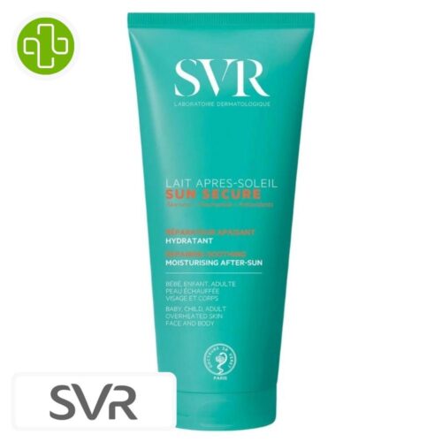 Produit de la marque SVR Sun Secure Lait Après-Soleil Apaisant Hydratant & Réparateur – 200ml sur un fond blanc avec un logo Parachezvous et celui de de la marque SVR