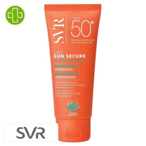 Produit de la marque SVR Sun Secure Lait Solaire Hydratant Biodégradable Spf50 – 250ml sur un fond blanc avec un logo Parachezvous et celui de de la marque SVR