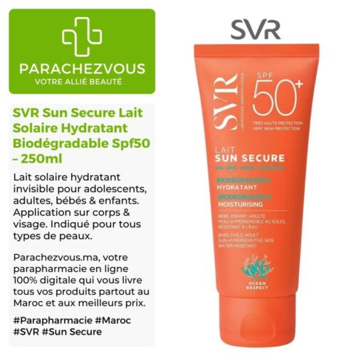 Produit de la marque SVR Sun Secure Lait Solaire Hydratant Biodégradable Spf50 – 250ml sur un fond blanc, vert et gris avec un logo Parachezvous et celui de la marque SVR ainsi qu'une description qui détail les informations du produit