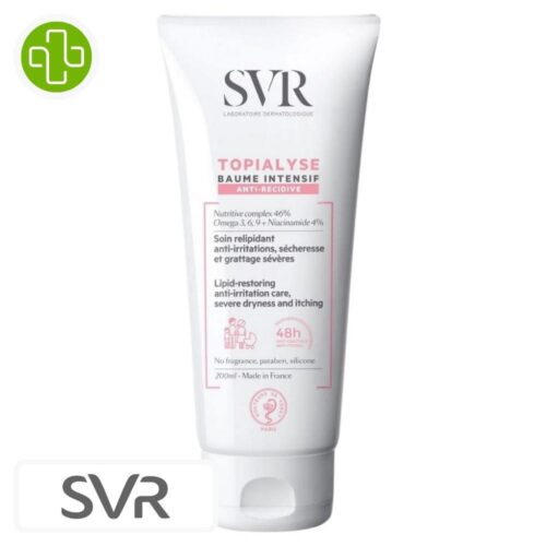 Produit de la marque SVR Topialyse Baume Intensif Relipidant Anti-Irritations Sécheresse & Grattage Sévère – 200ml sur un fond blanc avec un logo Parachezvous et celui de de la marque SVR