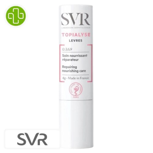 Produit de la marque SVR Topialyse Stick Lèvres Nourrissant Réparateur – 4g sur un fond blanc avec un logo Parachezvous et celui de de la marque SVR