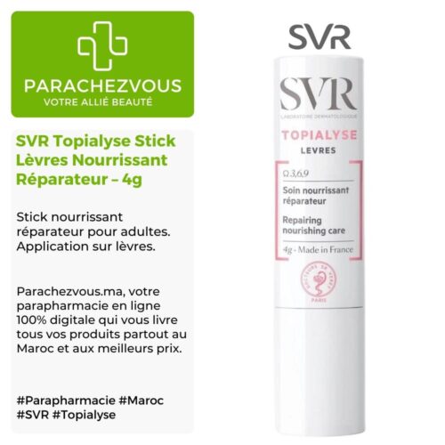 Produit de la marque SVR Topialyse Stick Lèvres Nourrissant Réparateur – 4g sur un fond blanc, vert et gris avec un logo Parachezvous et celui de la marque SVR ainsi qu'une description qui détail les informations du produit