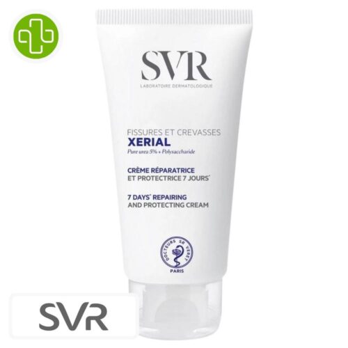 Produit de la marque SVR Xerial Fissures & Crevasses Crème Protectrice & Réparatrice 7 Jours – 50ml sur un fond blanc avec un logo Parachezvous et celui de de la marque SVR