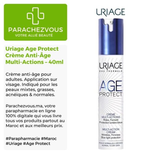 Produit de la marque Uriage Age Protect Crème Anti-Âge Multi-Actions – 40ml sur un fond blanc, vert et gris avec un logo Parachezvous et celui de la marque Uriage ainsi qu'une description qui détail les informations du produit