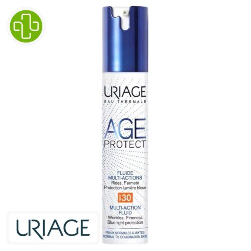 Produit de la marque Uriage Age Protect Fluide Anti-Âge Multi-Actions Spf30 - 40ml sur un fond blanc avec un logo Parachezvous et celui de de la marque Uriage