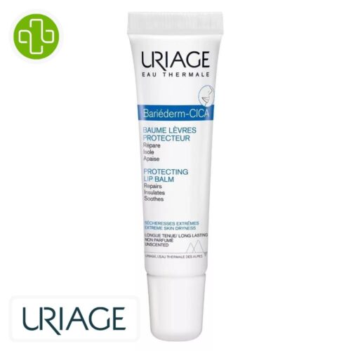 Produit de la marque Uriage Bariéderm-Cica Baume Lèvres Protecteur – 15ml sur un fond blanc avec un logo Parachezvous et celui de de la marque Uriage