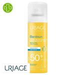 Produit de la marque Uriage Bariésun Brume Sèche Solaire Hydratante Invisible Spf50 – 200ml sur un fond blanc avec un logo Parachezvous et celui de de la marque Uriage