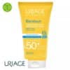 Produit de la marque Uriage Bariésun Crème Solaire Hydratante Invisible Spf50 – 50ml sur un fond blanc avec un logo Parachezvous et celui de de la marque Uriage