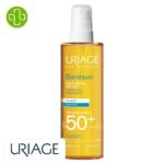 Produit de la marque Uriage Bariésun Huile Sèche Solaire Invisible Spf50 – 200ml sur un fond blanc avec un logo Parachezvous et celui de de la marque Uriage