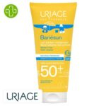 Produit de la marque Uriage Bariésun Lait Solaire Hydratant Pour Enfants Invisible Spf50 – 100ml sur un fond blanc avec un logo Parachezvous et celui de de la marque Uriage