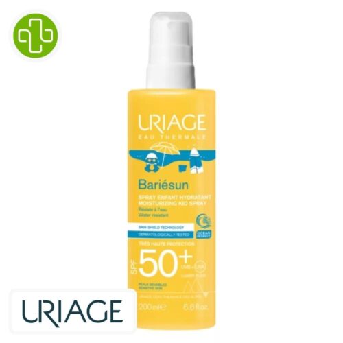 Produit de la marque Uriage Bariésun Spray Solaire Hydratant Pour Enfants Invisible Spf50 – 200ml sur un fond blanc avec un logo Parachezvous et celui de de la marque Uriage