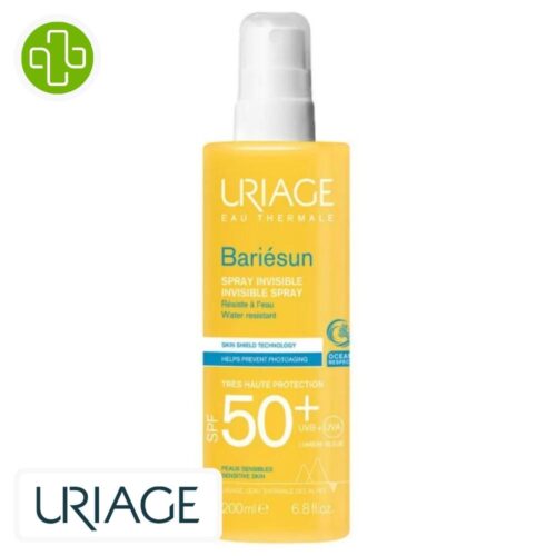 Produit de la marque Uriage Bariésun Spray Solaire Invisible Spf50 – 200ml sur un fond blanc avec un logo Parachezvous et celui de de la marque Uriage