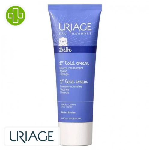 Produit de la marque Uriage Bébé 1er Cold Cream Ultra-Nourrissante – 75ml sur un fond blanc avec un logo Parachezvous et celui de de la marque Uriage