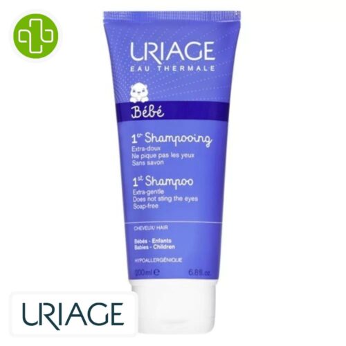Produit de la marque Uriage Bébé 1er Shampooing Extra-Doux Sans Savon - 200ml sur un fond blanc avec un logo Parachezvous et celui de de la marque Uriage