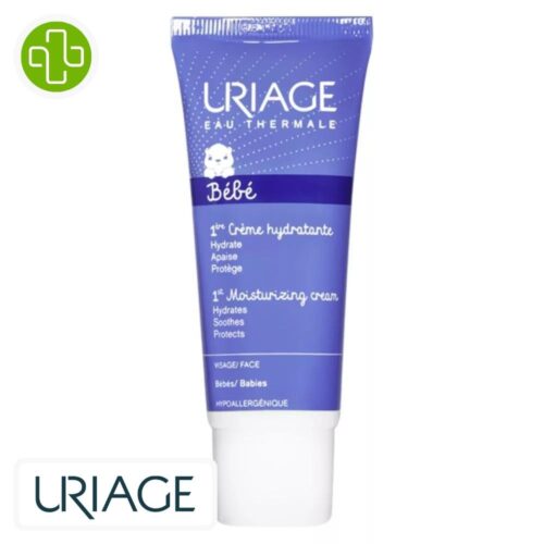Produit de la marque Uriage Bébé 1ère Crème Hydra-Protectrice – 40ml sur un fond blanc avec un logo Parachezvous et celui de de la marque Uriage