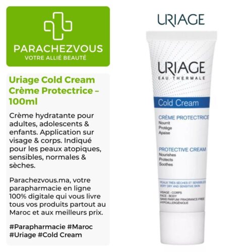 Produit de la marque Uriage Cold Cream Crème Protectrice - 100ml sur un fond blanc, vert et gris avec un logo Parachezvous et celui de la marque Uriage ainsi qu'une description qui détail les informations du produit