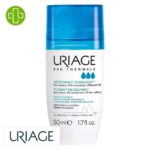 Produit de la marque Uriage Déodorant Puissance 3 Anti-Odeurs Anti-Transpirant 24h Roll-On Bille - 50ml sur un fond blanc avec un logo Parachezvous et celui de de la marque Uriage