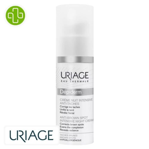 Produit de la marque Uriage Dépiderm Crème Nuit Intensive Anti-Taches - 30ml sur un fond blanc avec un logo Parachezvous et celui de de la marque Uriage