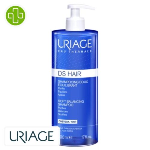 Produit de la marque Uriage DS Hair Shampooing Doux Équilibrant – 500ml sur un fond blanc avec un logo Parachezvous et celui de de la marque Uriage
