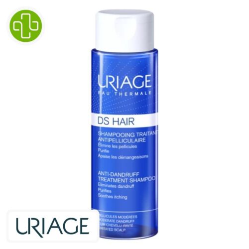 Produit de la marque Uriage DS Hair Shampooing Traitant Anti-Pelliculaire – 200ml sur un fond blanc avec un logo Parachezvous et celui de de la marque Uriage