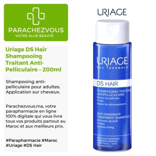 Produit de la marque Uriage DS Hair Shampooing Traitant Anti-Pelliculaire – 200ml sur un fond blanc, vert et gris avec un logo Parachezvous et celui de la marque Uriage ainsi qu'une description qui détail les informations du produit