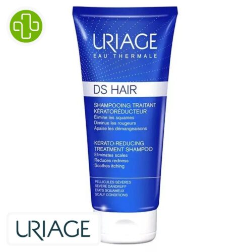 Produit de la marque Uriage DS Hair Shampooing Traitant Kérato-Réducteur - 150ml sur un fond blanc avec un logo Parachezvous et celui de de la marque Uriage