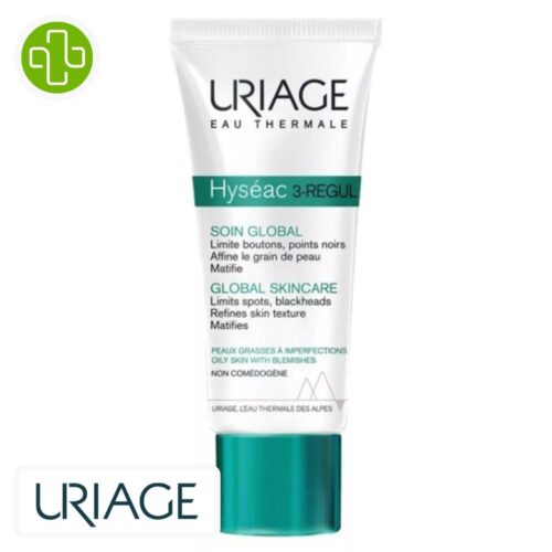 Produit de la marque Uriage Hyséac 3-Regul Soin Global Anti-Imperfections – 40ml sur un fond blanc avec un logo Parachezvous et celui de de la marque Uriage