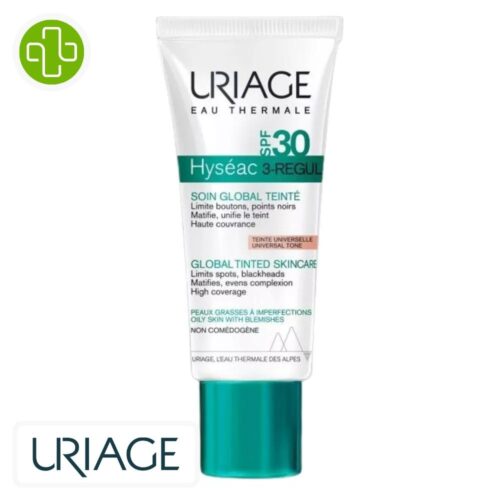 Produit de la marque Uriage Hyséac 3-Regul Soin Global Teinté Anti-Imperfections Spf30 – 40ml sur un fond blanc avec un logo Parachezvous et celui de de la marque Uriage