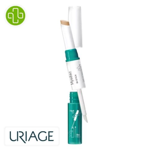Produit de la marque Uriage Hyséac Bi-Stick Anti-Imperfections - 1g sur un fond blanc avec un logo Parachezvous et celui de de la marque Uriage