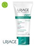 Produit de la marque Uriage Hyséac Fluide Solaire Hydratant Matifiant Spf50 - 50ml sur un fond blanc avec un logo Parachezvous et celui de de la marque Uriage
