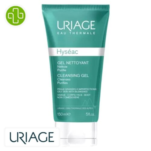 Produit de la marque Uriage Hyséac Gel Nettoyant Purifiant – 150ml sur un fond blanc avec un logo Parachezvous et celui de de la marque Uriage