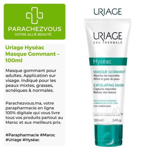 Produit de la marque Uriage Hyséac Masque Gommant – 100ml sur un fond blanc, vert et gris avec un logo Parachezvous et celui de la marque Uriage ainsi qu'une description qui détail les informations du produit