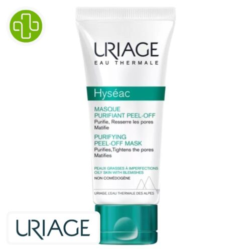 Produit de la marque Uriage Hyséac Masque Purifiant Peel-Off – 50ml sur un fond blanc avec un logo Parachezvous et celui de de la marque Uriage