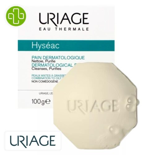 Produit de la marque Uriage Hyséac Pain Dermatologique Nettoyant Purifiant – 100g sur un fond blanc avec un logo Parachezvous et celui de de la marque Uriage