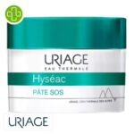 Produit de la marque Uriage Hyséac Pâte SOS Soin Local – 15g sur un fond blanc avec un logo Parachezvous et celui de de la marque Uriage