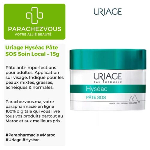 Produit de la marque Uriage Hyséac Pâte SOS Soin Local – 15g sur un fond blanc, vert et gris avec un logo Parachezvous et celui de la marque Uriage ainsi qu'une description qui détail les informations du produit