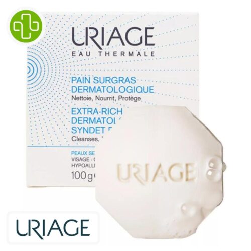 Produit de la marque Uriage Pain Surgras Dermatologique Nettoyant Purifiant Protecteur Sans Savon - 100g sur un fond blanc avec un logo Parachezvous et celui de de la marque Uriage