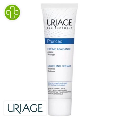 Produit de la marque Uriage Pruriced Crème Apaisante - 100ml sur un fond blanc avec un logo Parachezvous et celui de de la marque Uriage