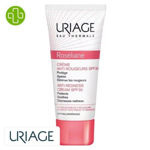 Produit de la marque Uriage Roséliane Crème Anti-Rougeurs Spf30 - 40ml sur un fond blanc avec un logo Parachezvous et celui de de la marque Uriage