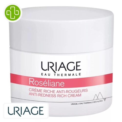 Produit de la marque Uriage Roséliane Crème Riche Anti-Rougeurs – 40ml sur un fond blanc avec un logo Parachezvous et celui de de la marque Uriage
