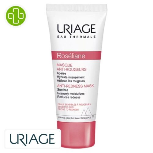 Produit de la marque Uriage Roséliane Masque Anti-Rougeurs – 40ml sur un fond blanc avec un logo Parachezvous et celui de de la marque Uriage