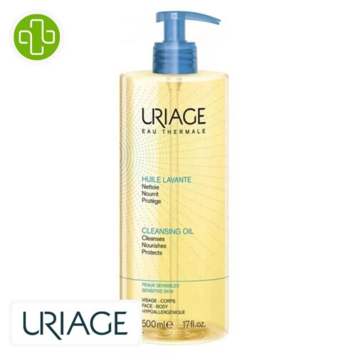 Produit de la marque Uriage Huile Lavante Nourrissante Protectrice - 500ml sur un fond blanc avec un logo Parachezvous et celui de de la marque Uriage