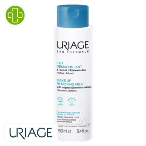 Produit de la marque Uriage Lait Démaquillant - 250ml sur un fond blanc avec un logo Parachezvous et celui de de la marque Uriage